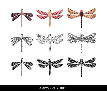 Boho set di libellule con motivi geometrici. Profilo, stile piatto e semplice. Illustrazione Vettoriale