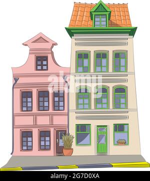 Vista sulle facciate colorate delle vecchie case tradizionali in pietra della città di Bruges. Belgio. Illustrazione Vettoriale