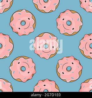 Carino ciambelle divertente senza cuciture modello. Illustrazione vettoriale. Illustrazione Vettoriale