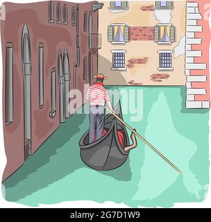 Illustrazione vettoriale di un gondoliere veneziano con pagaia in una tradizionale gondola. Illustrazione Vettoriale