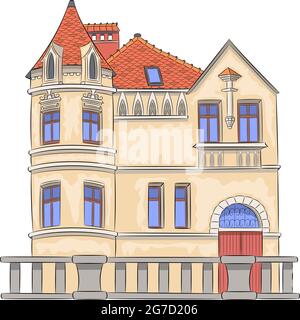 Accogliente vecchia casa in pietra con un tetto in tegole rosse e un camino. Illustrazione Vettoriale