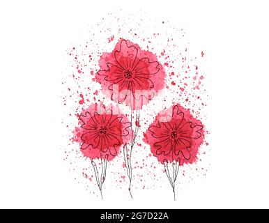 Fiori macchie rosse macchie acquerello con nero doodling, spruzzi di vernice, papaveri, per sfondo, cartolina, banner. Per il tuo progetto. Foto Stock