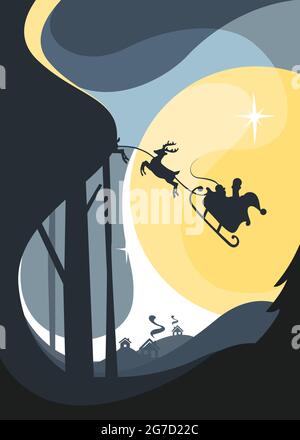 Santa vola in slitta con renne nel cielo notturno. Il design del cartello di Natale. Illustrazione Vettoriale