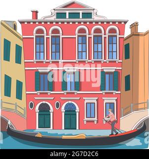 Un gondoliere in gondola sullo sfondo delle tradizionali case veneziane naviga lungo il canale di Venezia. Illustrazione Vettoriale