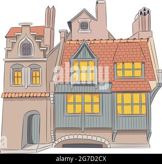 Vista delle facciate di vecchie case tradizionali in pietra con tetti in tegole. Bruges. Belgio. Illustrazione Vettoriale