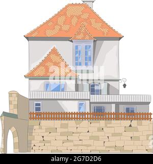 Vecchia casa tradizionale tedesca sulla parete della fortezza. Rothenburg ob der Tauber. Illustrazione Vettoriale