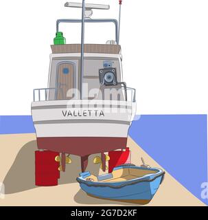 Una barca da pesca su botti rosse e una barca a remi blu sul terrapieno della Valletta. Illustrazione vettoriale. Illustrazione Vettoriale