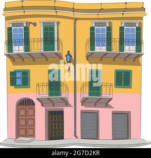 Tradizionale casa in pietra dipinta in colori vivaci a Palermo. Sicilia. Italia. Illustrazione Vettoriale