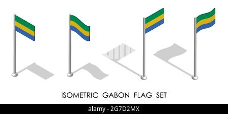 Bandiera isometrica DEL GABON in posizione statica e in movimento sul flagpole. vettore 3d Illustrazione Vettoriale