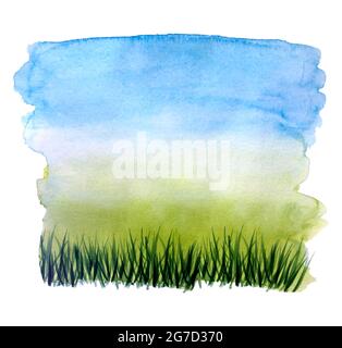 Illustrazione acquerello sfondo estate prato cielo blu ed erba verde, mano disegnata natura, campagna. Per sfondo, sfondo, banner, cartolina. Per il tuo progetto. Foto Stock