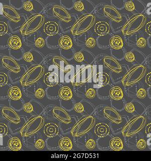 Modello astratto senza cuciture di doodles, disegno a mano, colore giallo e grigio doodles, sfondo grigio. Illustrazione vettoriale Illustrazione Vettoriale