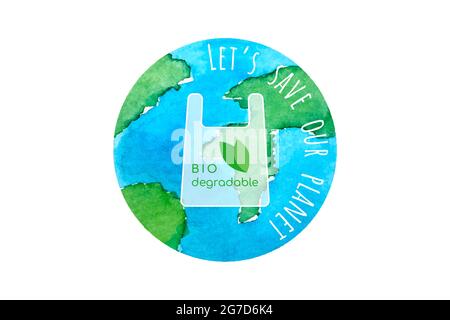 Pacchetto biodegradabile, acquerello pianeta terra, Salva il nostro pianeta, concetto di ecologia. Illustrazione vettoriale Illustrazione Vettoriale