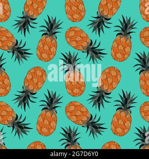 Motivo senza cuciture con ananas, doodling a mano, sfondo blu. Per striscioni di imballaggio con fondo in tessuto. Illustrazione vettoriale Illustrazione Vettoriale