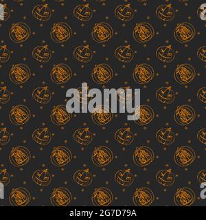 Modello di Halloween con zucche, ragni, su sfondo scuro, doodling disegnati a mano. Illustrazione vettoriale Illustrazione Vettoriale