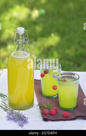 Limonata fatta in casa in bicchieri, aroma di lampone e lavanda Foto Stock