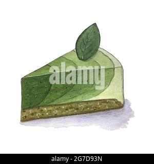 Matcha mousse torta disegno acquerello, fatto a mano, schizzo. Illustrazione vettoriale Illustrazione Vettoriale