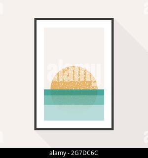 Composizione geometrica minima. Tramonto al mare. Grunge texture. Cornice nera appesa alla parete. Riflessione del sole. Illustrazione vettoriale, design piatto Illustrazione Vettoriale