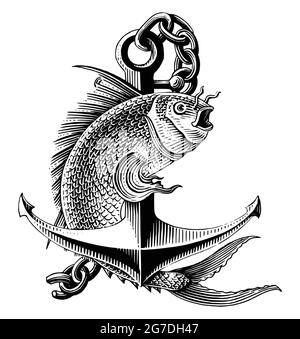Pesce di mare saltando intorno ancora mano disegnare vintage incisione stile nero e bianco clip art isolato su sfondo bianco Illustrazione Vettoriale