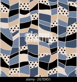 Disegno geometrico astratto senza giunture di forme geometriche irregolari colori della terra, imitazione di texture a punti e foglie di polka, stampa a zigzag di chevron per tex Illustrazione Vettoriale