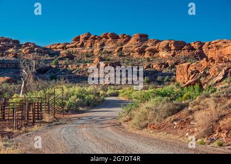 Lockhart Road, zona di Indian Creek, zona ricreativa di Canyon Riders, Bears Ears National Monument, vicino al Canyonlands National Park, Utah, Stati Uniti Foto Stock