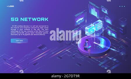 Banner Web network 5G, modello di progettazione di pagine web, illustrazione vettoriale al neon isometrica. Connessione wireless ad alta velocità. Illustrazione Vettoriale