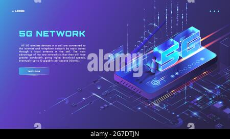 Banner Web network 5G, modello di progettazione di pagine web, illustrazione vettoriale al neon isometrica. Tecnologia Internet 5G. Illustrazione Vettoriale