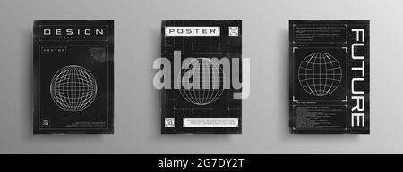 Set di poster retrofuturistici con elementi HUD, griglia laser rotta e pianeta a reticolo. Poster in stile cyberpunk retrò in bianco e nero Illustrazione Vettoriale