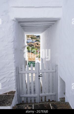 Grecia. Cancello di legno bianco su scale di pietra strette tradizionali, vicolo coperto chiamato stegadi. Pareti imbiancate, estate soleggiato giorno all'isola di Sifnos, Cicladi Foto Stock