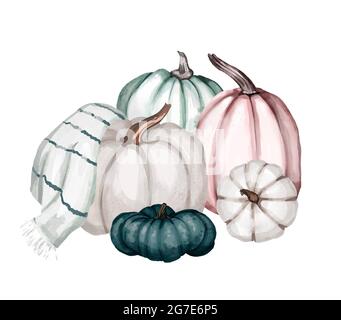 Composizione acquerello di zucche colorate e foglie d'autunno. Illustrazione botanica isolata su sfondo bianco. Halloween e giorno del Ringraziamento Foto Stock