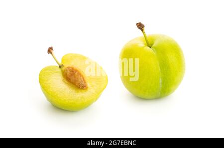 Greengage fresco isolato su sfondo bianco. Prugna verde gialla. Prunus domestica subsp. Italica Foto Stock