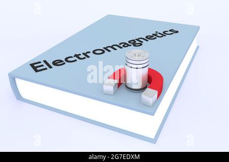 Illustrazione in 3D dello script elettromagnetico su un libro insieme a un magnete e una batteria, isolati su sfondo blu chiaro. Foto Stock
