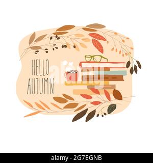 Cartoon pila di libri con occhiali e Coppa in autunno Wreath Illustrazione Vettoriale