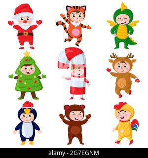 I bambini dei cartoni animati indossano i costumi di Natale. Bambini in carnevale festa renna, abete albero e pinguino costumi vettore illustrazione set. Bambini a Natale Illustrazione Vettoriale