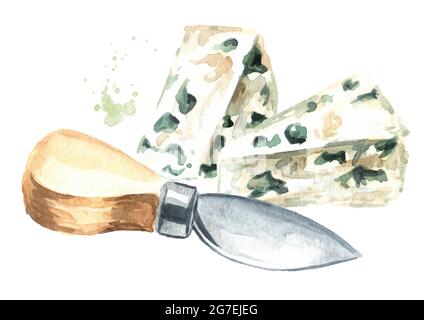 Formaggio italiano, francese. Illustrazione di acquerello disegnata a mano, isolata su sfondo bianco Foto Stock