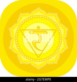 Il terzo chakra di Manipur. Solar Plexus Chakra con sanscrito indù. Il giallo è un simbolo piatto di meditazione, yoga. Illustrazione Foto Stock