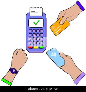 Pagamento senza contatto. Carta di credito. Terminali POS, tecnologia NFC. Vettore Illustrazione Vettoriale