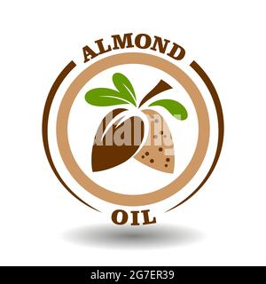 Semplice logo circolare olio di mandorle con guscio di noce rotondo semi-tagliato icona e foglie verdi simbolo per l'etichettatura dei prodotti contengono naturale organico dolce mandorla mi Illustrazione Vettoriale