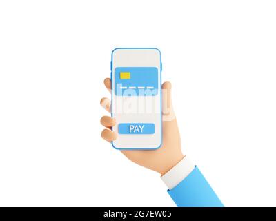 Illustrazione del rendering 3d del pagamento online. Tenere a mano il telefono cellulare con carta di credito e il pulsante di pagamento sullo schermo. Foto Stock