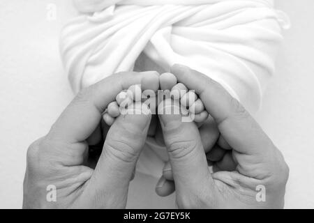 le gambe del neonato nelle mani di mamma e papà. i piedi del bambino nelle mani. Bianco e nero Foto Stock