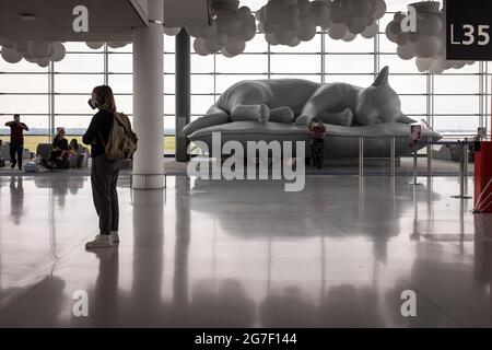 Un passeggero prende un selfie di fronte a una grande scultura di un gatto dormiente nella sala partenze di Halle L del Terminal 2E all'aeroporto di Parigi-Charles de Gaulle, Francia Foto Stock