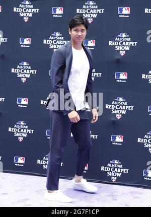 Denver, Stati Uniti. 13 luglio 2021. Los Angeles Angels Shohei Ohtani si pone durante il MLB All-Star Red Carpet Show al Coors Field di Denver, Colorado, martedì 13 luglio 2021. Foto di Bob strong/UPI Credit: UPI/Alamy Live News Foto Stock
