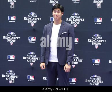 Denver, Stati Uniti. 13 luglio 2021. Los Angeles Angels Shohei Ohtani si pone durante il MLB All-Star Red Carpet Show al Coors Field di Denver, Colorado, martedì 13 luglio 2021. Foto di Bob strong/UPI Credit: UPI/Alamy Live News Foto Stock