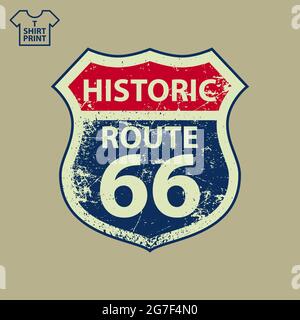 America s Highway 66 Main Street Road Sign in stile Grunge. Insegna Will Rogers Highway per T-shirt, felpa con cappuccio, decorazione. Illustrazione vettoriale. Illustrazione Vettoriale