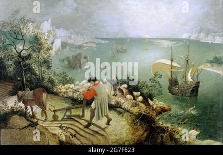 Paesaggio con la caduta di Icarus, probabilmente una prima copia di Bruegel perso originale, 1558 da Pieter Brueghel il Vecchio Foto Stock