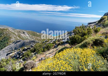 Vista su Montecristo e Pianosa da Monte Capanne, Isola d'Elba. Foto Stock