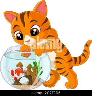 Cartoon gatto cercando di ottenere un pesce da acquario Illustrazione Vettoriale