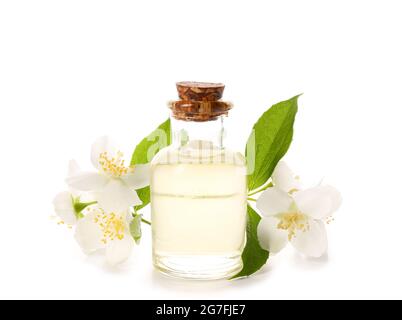 Bottiglia di olio essenziale e fiori di gelsomino su sfondo bianco Foto Stock