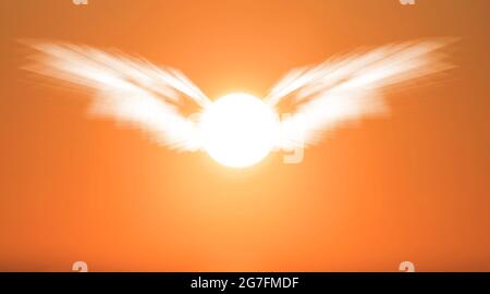 Angel Wings Sun, Angelic Wing davanti al sole, Orange Sky Sunshine Angel. Concetto spirituale, di lotta, di religione e di guida spirituale. Foto Stock