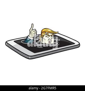 Donald Trump annegare nel telefono cellulare. Vettore di illustrazione di Cartoon Illustrazione Vettoriale