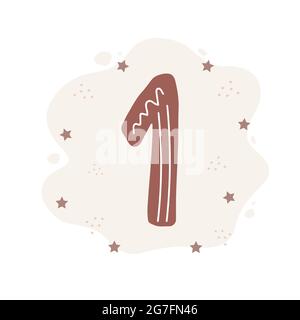 Numero uno in stile boho. Carino elemento doodle per il modello di carta di compleanno. Illustrazione vettoriale scandinava Illustrazione Vettoriale
